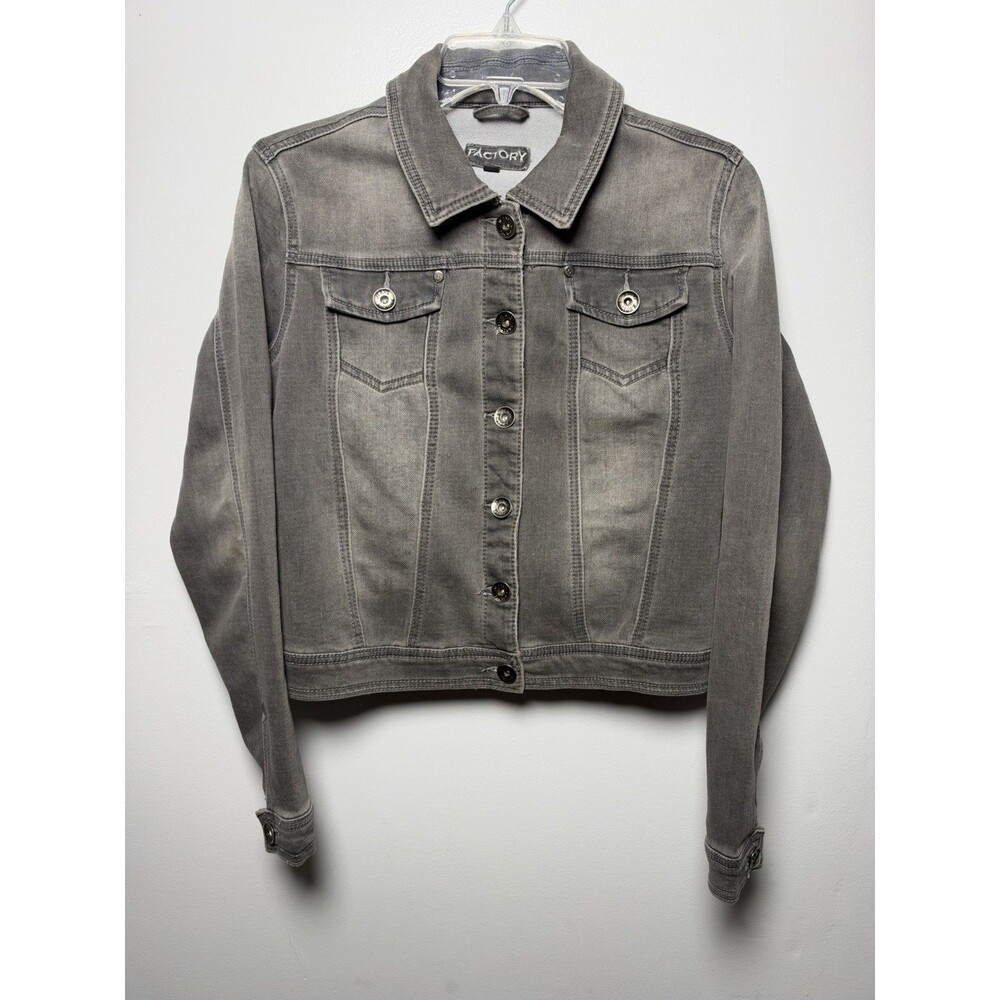 Factory Women’s Gray Button Front Denim Jacket w/ Pockets Short Size S